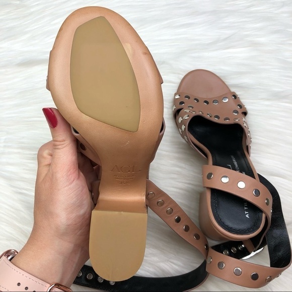 New AGL Tan Studded Ankle Wrap Leather Block Heels - Picture 5 of 14
